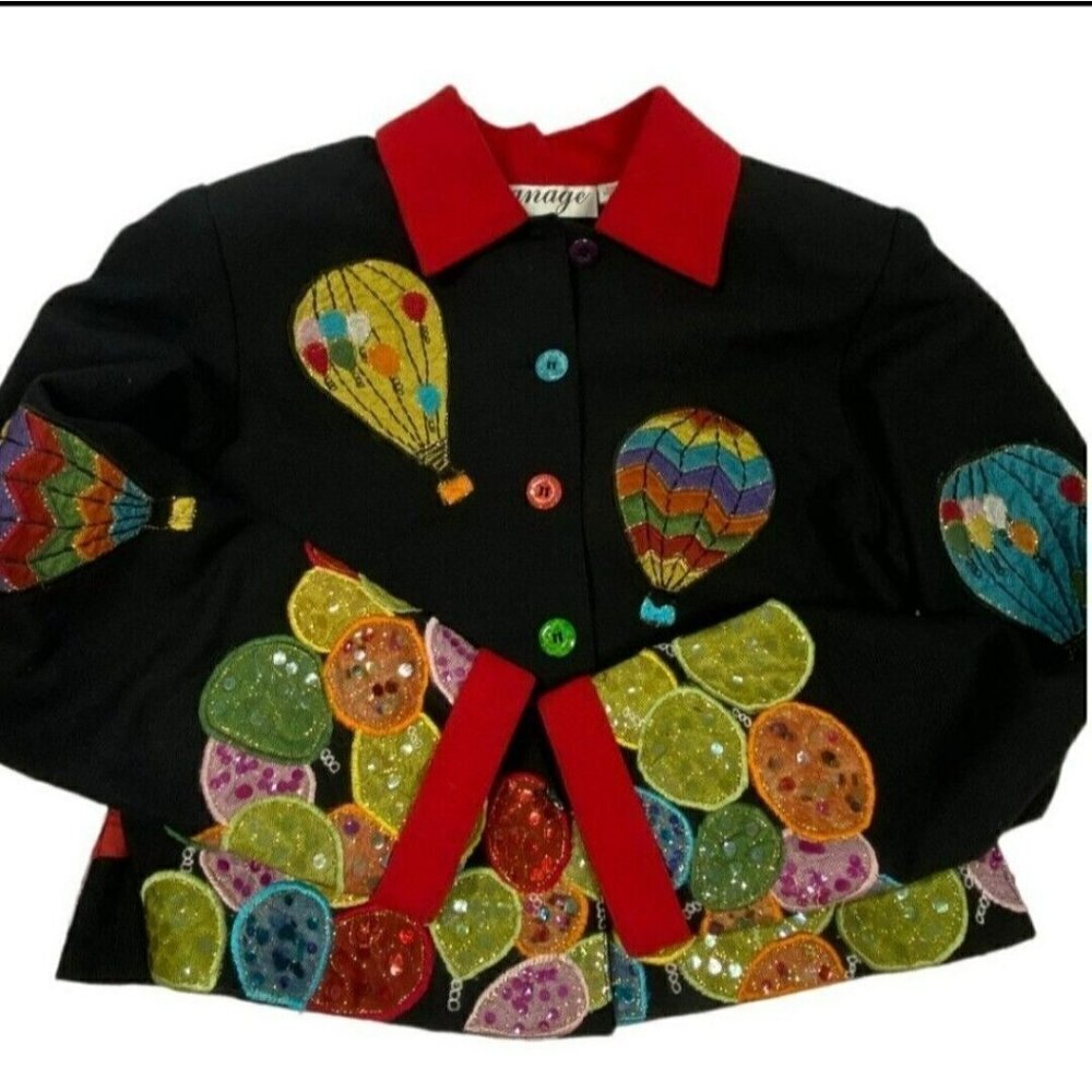 Vintage Anage Black Hot Air Balloons‎ Button Down Jacket Sequins Patchwork 80s S
